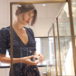 French retro dress green floral slim v-neck one-piece wrap-around lace-up tea dress R2925