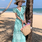Lace hollow embroidery hook flower ruffle V-neck Thai dress fairy holiday ruffle long skirt R0187