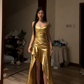 Dark blue halter-neck fitted waist slim slit sexy long ball gown R8069