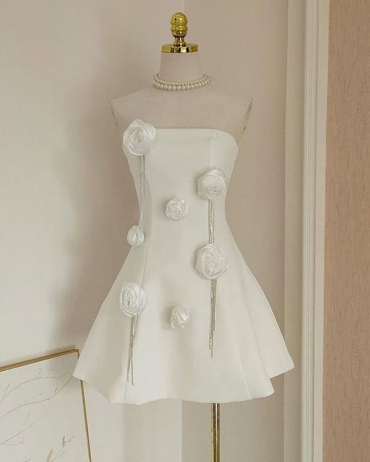 White tube top three-dimensional flower waist slim A-line short skirt homecoming dress R3537