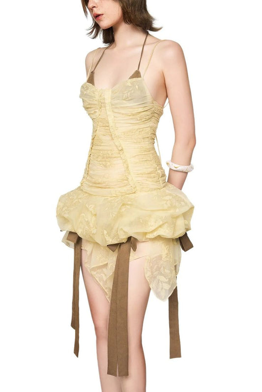 Yellow halter neck low cut sexy slim fit lace skirt homecoming dress R2458
