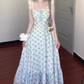Blue floral dress gentle temperament beautiful summer skirt R0762