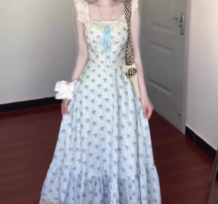 Blue floral dress gentle temperament beautiful summer skirt R0762