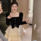 Birthday dress high-end Hepburn style dress high-end niche toast dress square collar dress R1798