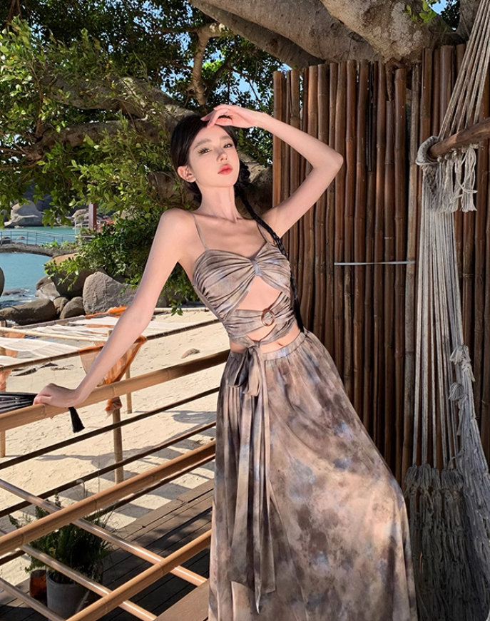 Travel wear tie-dye skirt a-line skirt temperament tube top suit women's two-piece suit R1571