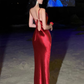 Retro suspenders red acetate swing collar hip-wrapped backless slim holiday inner skirt R1432
