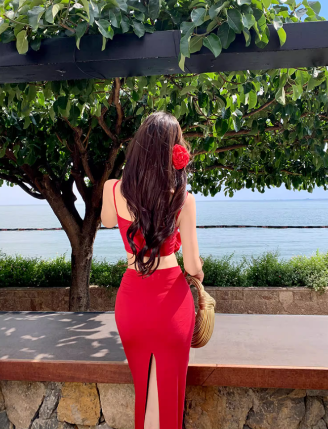 Beach Outfit Red Hip-hugging Skirt Two-piece Set Atmosphere Holiday Beach Skirt R1613