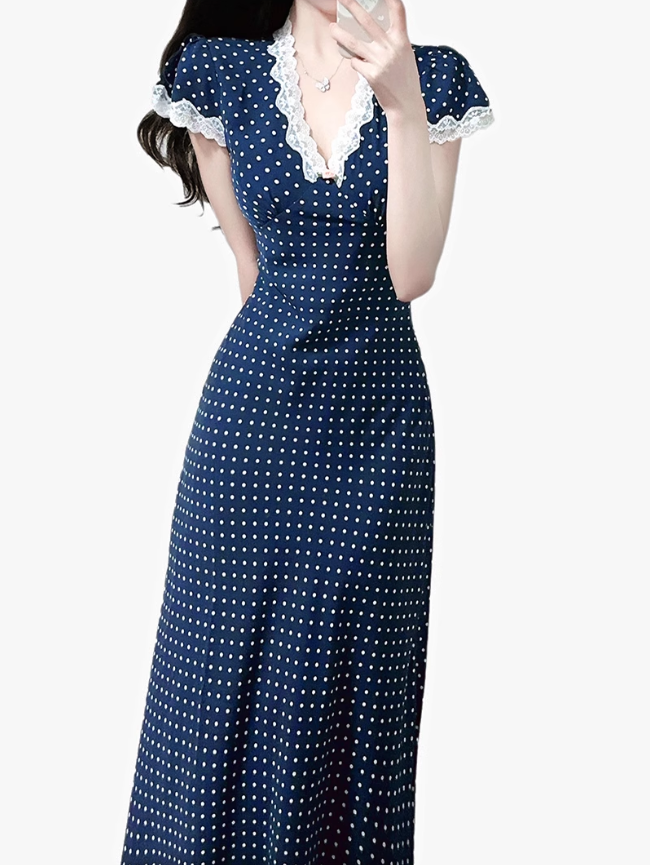 2025 Summer New Blue Polka Dot French V-neck Retro Temperament Long Dress R0947