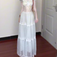 Gentle blue lace puff sleeve dress holiday temperament waist A-line long skirt R0862