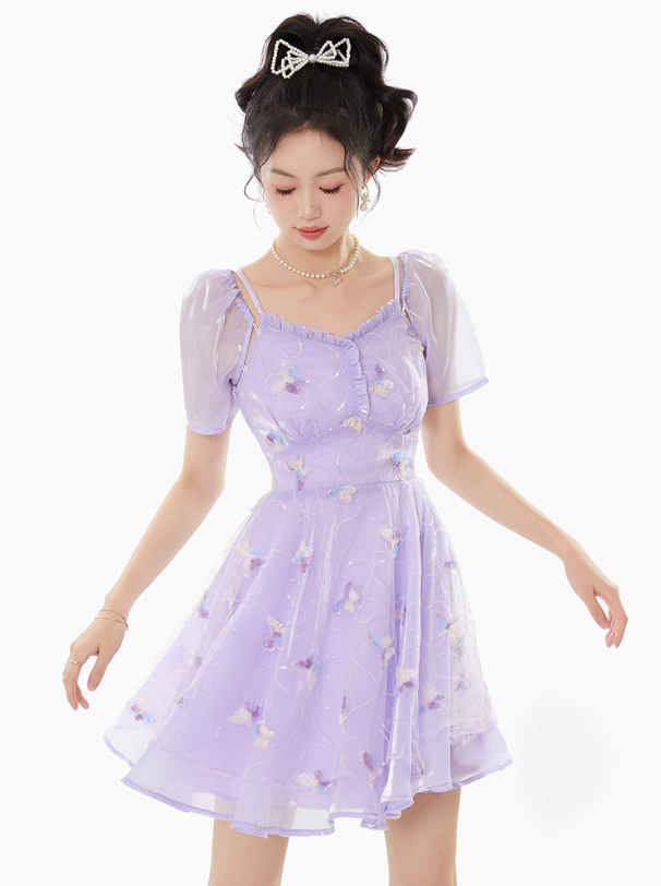 Purple fairy lace chiffon suspender dress women's summer waist mesh skirt R4181