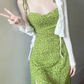 2025 Summer New Green Platycodon Floral Seaside Vacation Wear Suspender Dress R0902