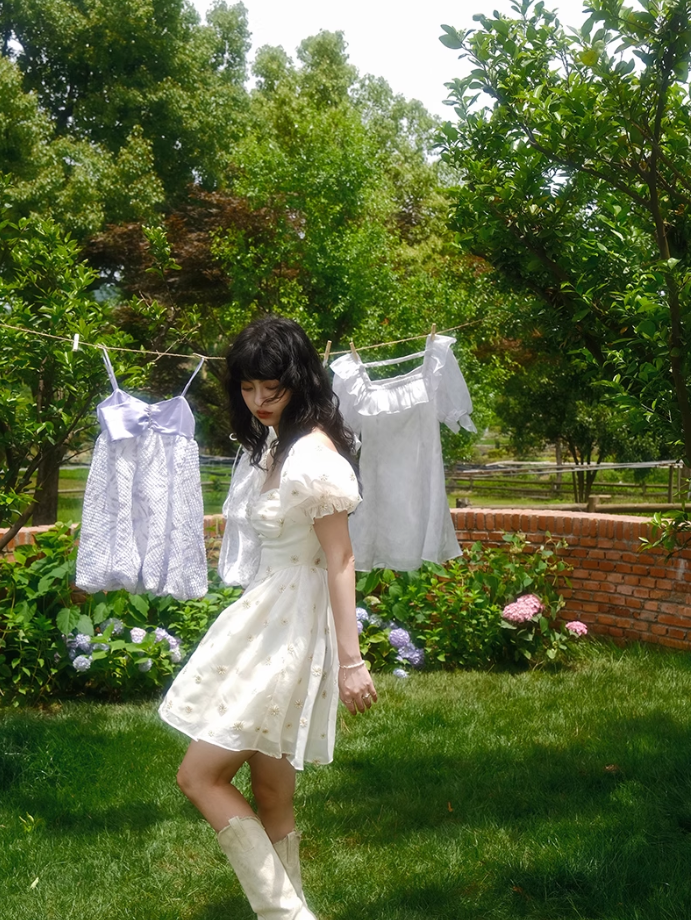 French puff sleeve white floral dress fairy temperament dress vacation R2762