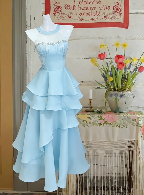 Pink tube top waist cake skirt sexy satin long dress prom dress R6230