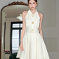 French white temperament slim waist slimming niche halter neck sleeveless A-line short dress R4076