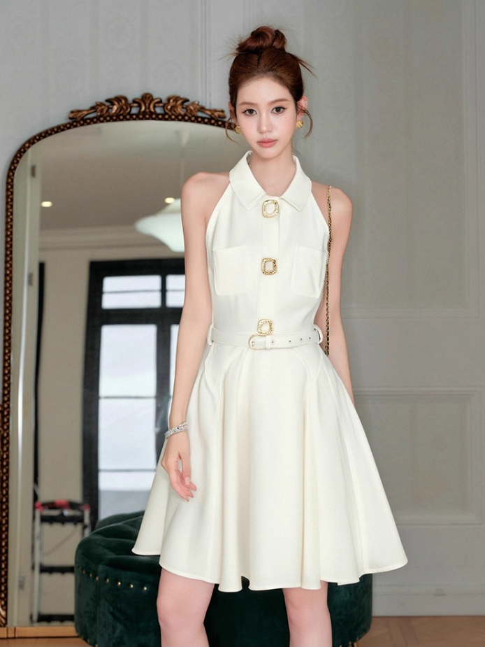 French white temperament slim waist slimming niche halter neck sleeveless A-line short dress R4076