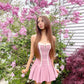 Pink suspender low-cut sexy lace slim pleated skirt homecoming dress R2510