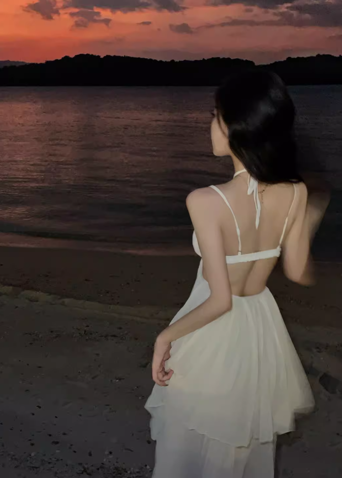 Travel photography clothes super fairy beach dress suspenders sexy backless dress R1575