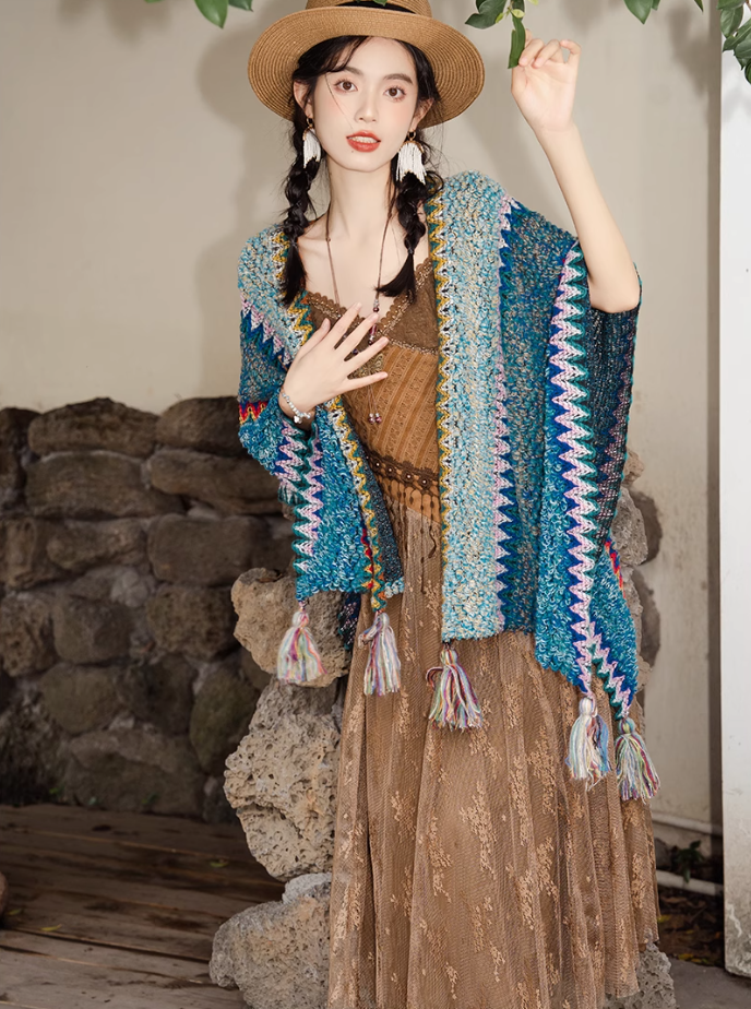 Fairy travel outfit retro ethnic style suspender long skirt v-neck dress R1741