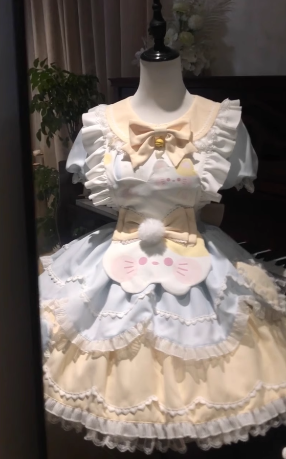 Blue and yellow cute sweet lolita fashionable short-sleeved OP dress fluffy runaway princess dress Lolita R1682