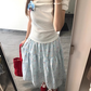 Pure and gentle holiday style striped one-shoulder T-shirt floral skirt two-piece suit R0876