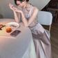 French style halter neck satin suit temperament two-piece suit waist high-end gentle long skirt R1503