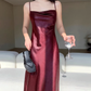Sexy embossed satin suspender dress with slits for vacation with acetate high-end skirt R1464