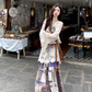 Fairy ethnic style wear hollow knitted lace cardigan floral skirt two-piece suit R1717
