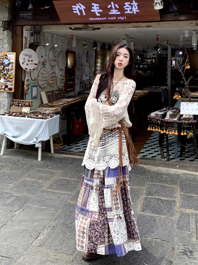 Fairy ethnic style wear hollow knitted lace cardigan floral skirt two-piece suit R1717