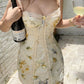 Apricot Retro Floral Strap Waist Slim Skirt Homecoming Dress R3357