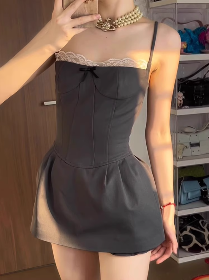 Sweet and spicy lace suspender dress 2025 pure desire style waist a-line short skirt R1178