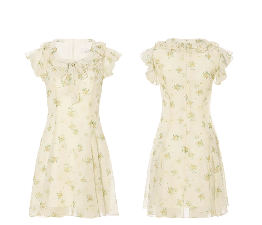 French tea break style floral dress ruffled short skirt R2701