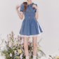 Vintage denim dress with baby doll collar, puff sleeves and waist-hugging tutu skirt R4543