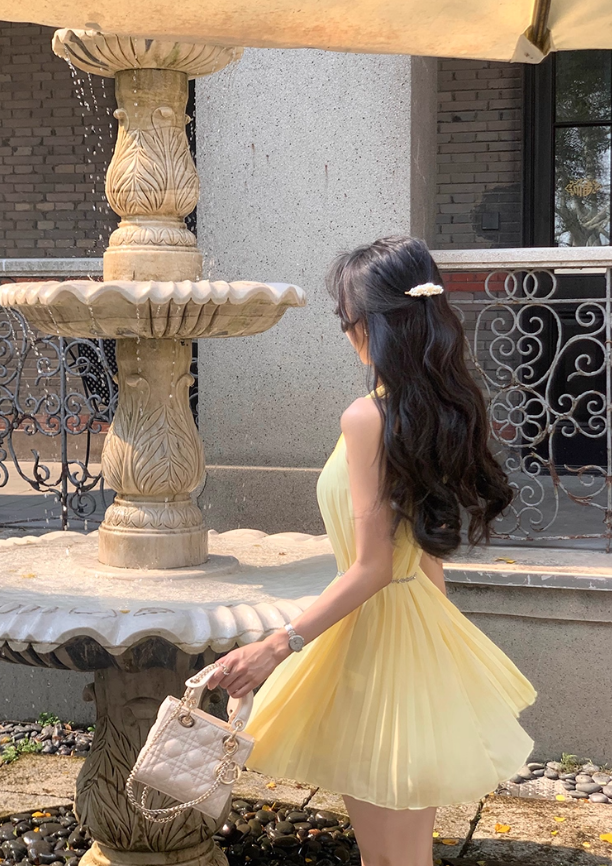 French yellow dress for women in summer pure desire style temperament waist slimming princess short skirt R4300