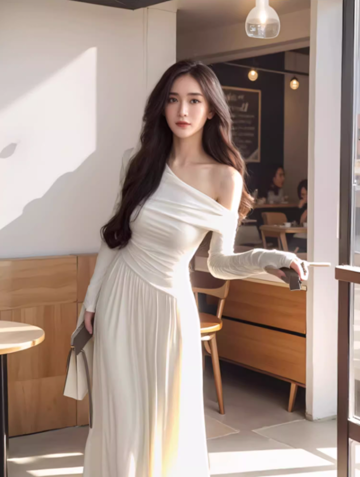 French style gentle off-shoulder knitted A-line dress high-end waist slim long skirt R1450