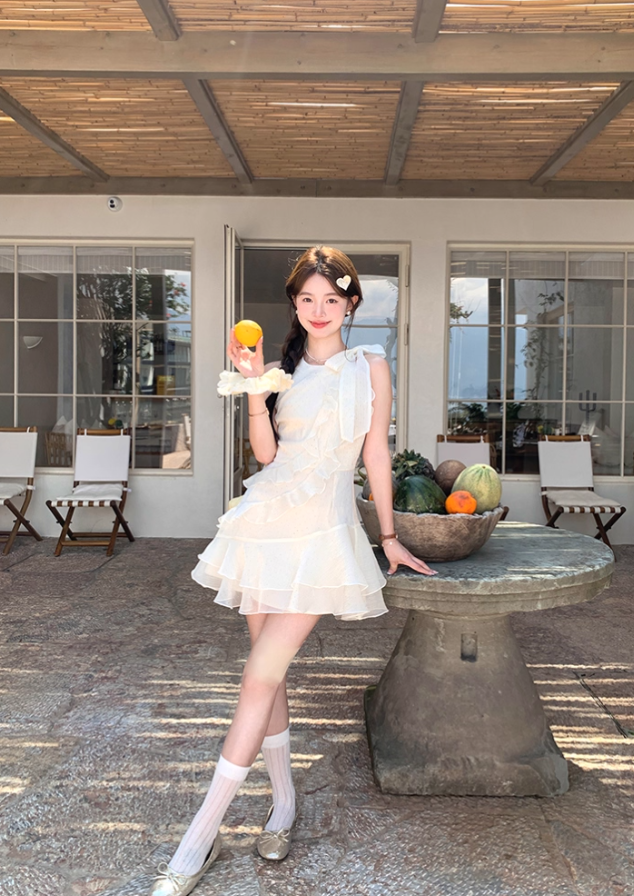 White waist bright silk chiffon halter neck suspender skirt women's summer French skirt R4619