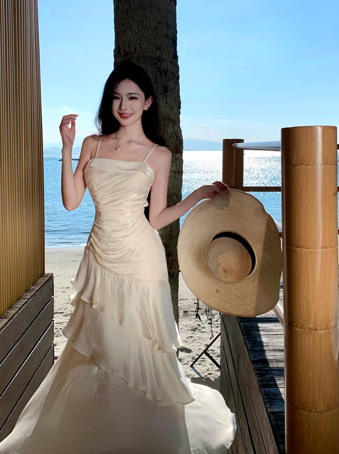 Fairy high-class temperament mermaid Ji streamer suspender skirt dress dress one shoulder dress R1715