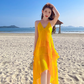Yellow V-neck design backless dress tutu skirt irregular pleated beach suspender dress R0200