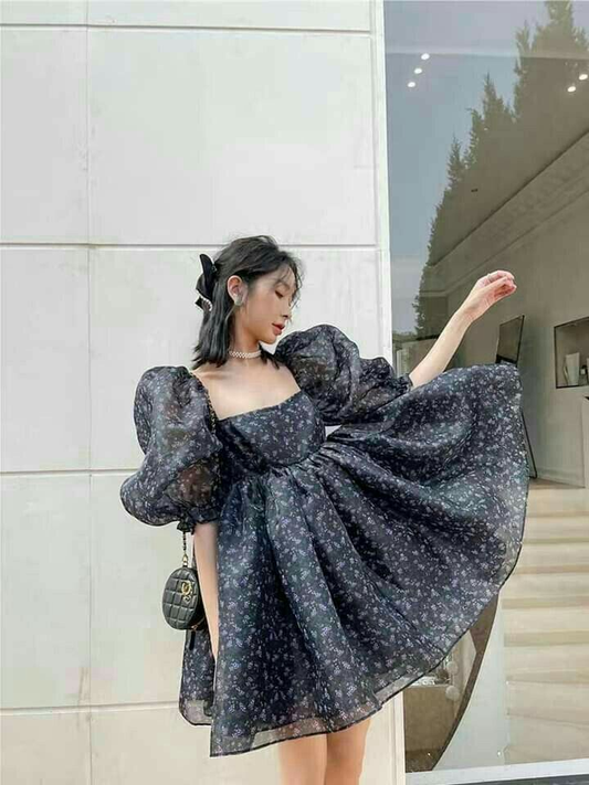 Elegant Floral Puff Sleeves Pleated Women's Homecoming Dress Black Waist Fitted Short Prom Gown Party Dress RS3412