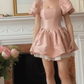 Pink satin square neck waist slim A-line princess skirt homecoming dress R3368