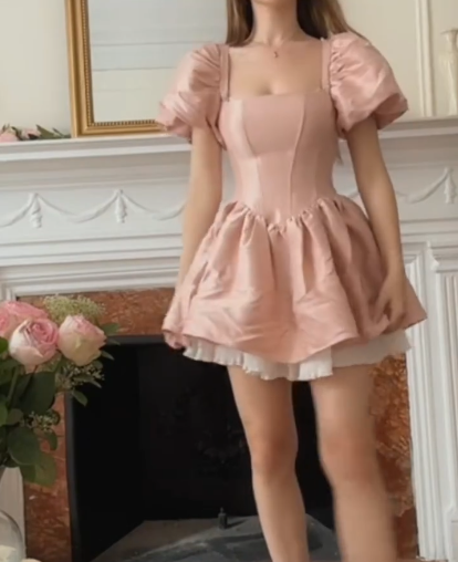 Pink satin square neck waist slim A-line princess skirt homecoming dress R3368