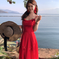 Red mid-length waist suspender dress summer retro temperament high-end skirt R4861