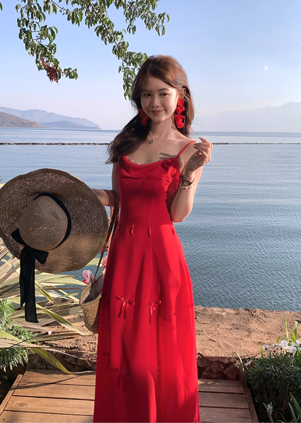 Red mid-length waist suspender dress summer retro temperament high-end skirt R4861