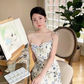 2025 Summer New French Blue Floral Holiday Style Mid-Length Suspender Dress R0923