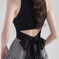 Black halter neck skirt new summer plaid waist high-end dress bow French retro skirt R4144
