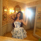 Blue chiffon floral tube top waist irregular skirt short skirt homecoming dress R3742