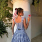Blue and white plaid suspenders waist slimming A-line flower bud skirt short skirt homecoming dress R3897