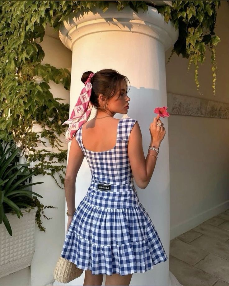 Blue and white plaid suspenders waist slimming A-line flower bud skirt short skirt homecoming dress R3897