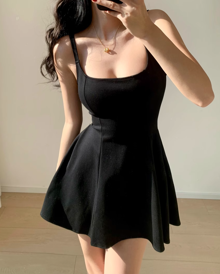 French retro square neck waist elastic slim fit suspender skirt short skirt R2812