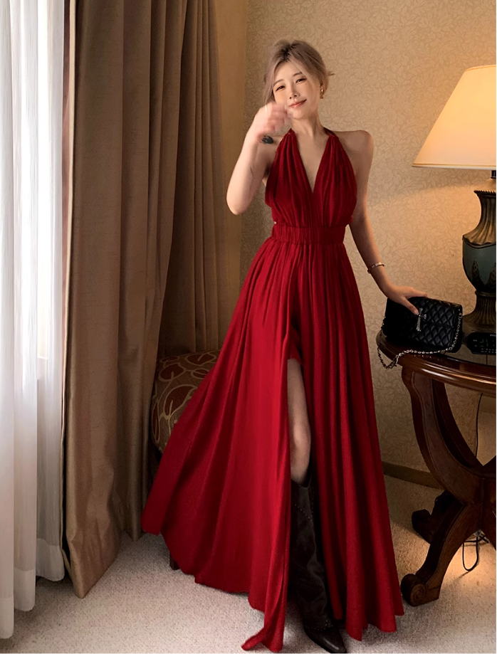 Fairy lace halter neck red dress holiday beach dress deep v backless slit long dress R1740
