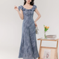 French gentle style retro blue lotus leaf collar dress beautiful waist A-line long skirt R0879